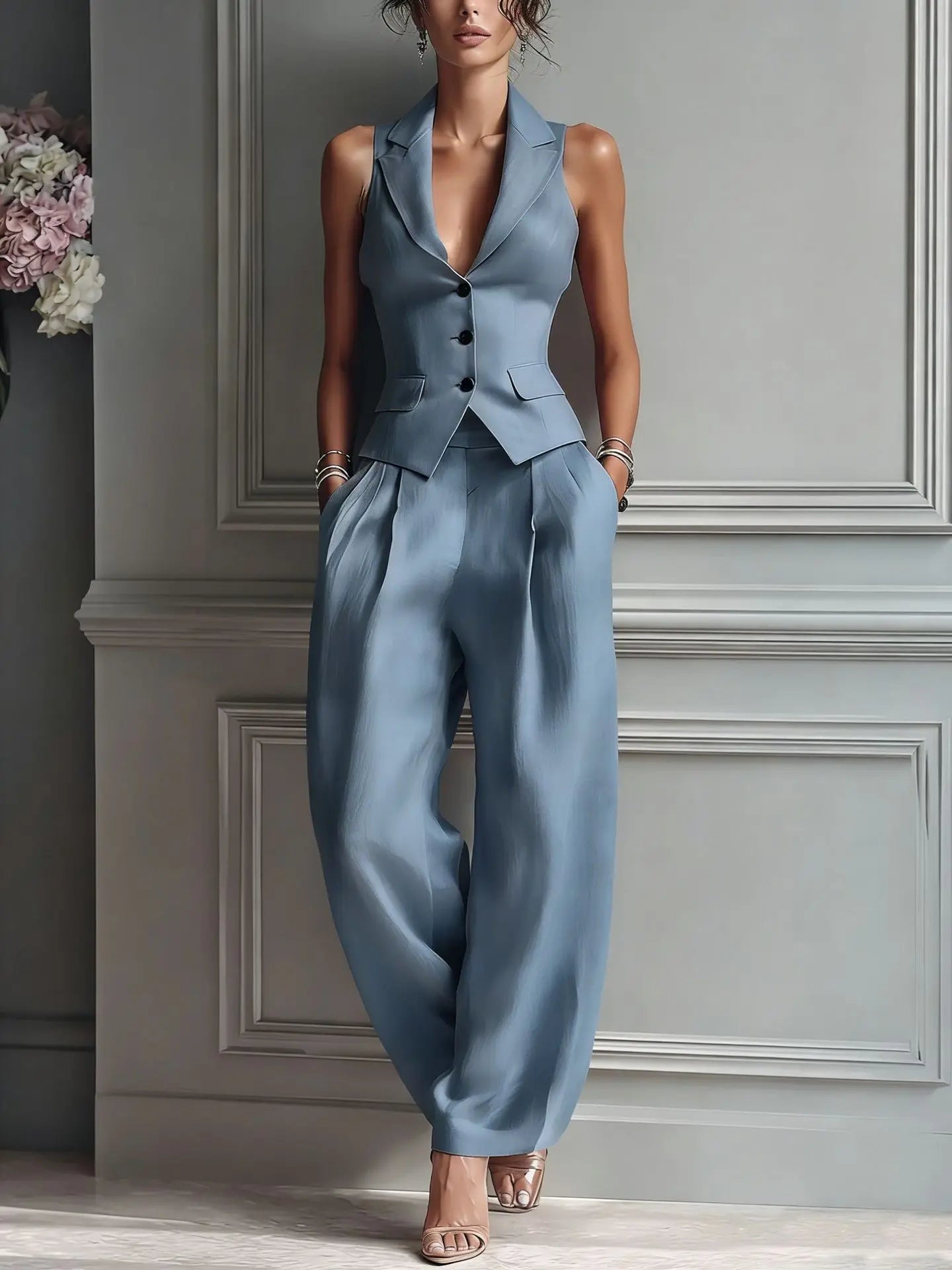 Sleeveless Vest & Wide-Leg Trousers 2-Piece Set – Women’s Office Suit