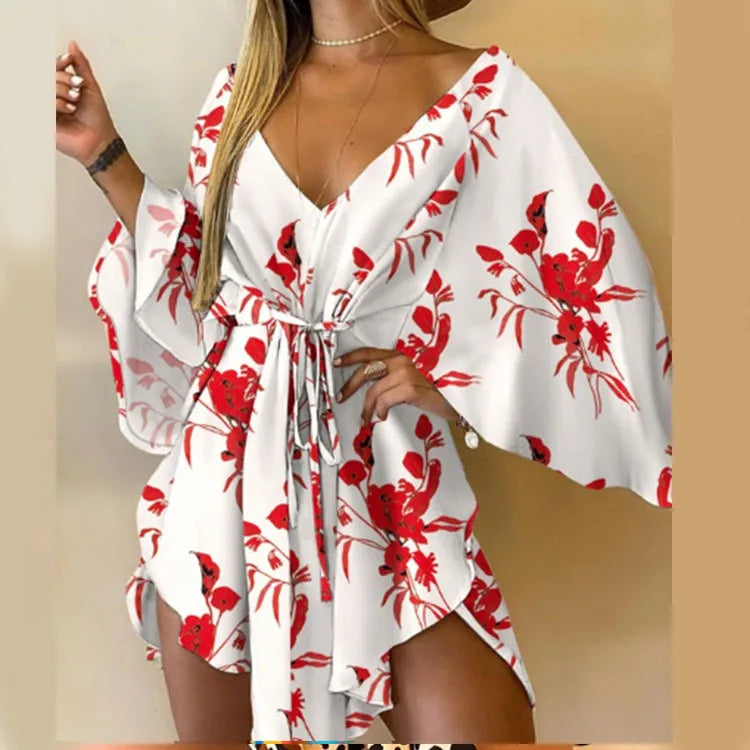 Print Dress Sexy V-Neck Bat Sleeve Ruffl Flowers Mini LADYLYS