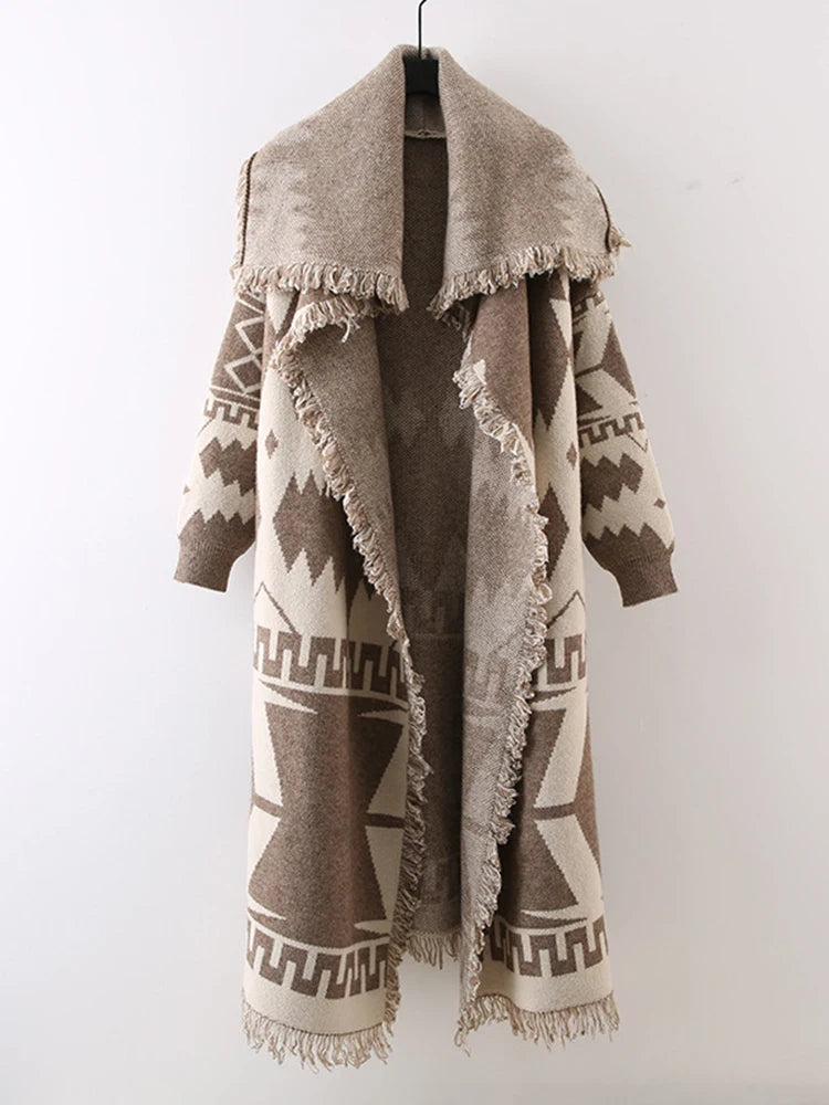 Women's Vintage Khaki Knit Cardigan Coat with Tassel Trim and Wide Lapels
