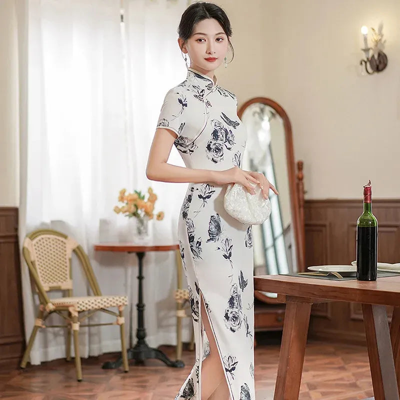 Printed Short-Sleeve Qipao-Inspired Midi Dress