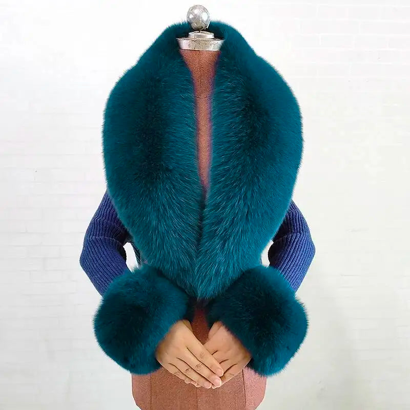 Women's Real Fur Collar and Cuffs Set, Fluffy Winter Scarf