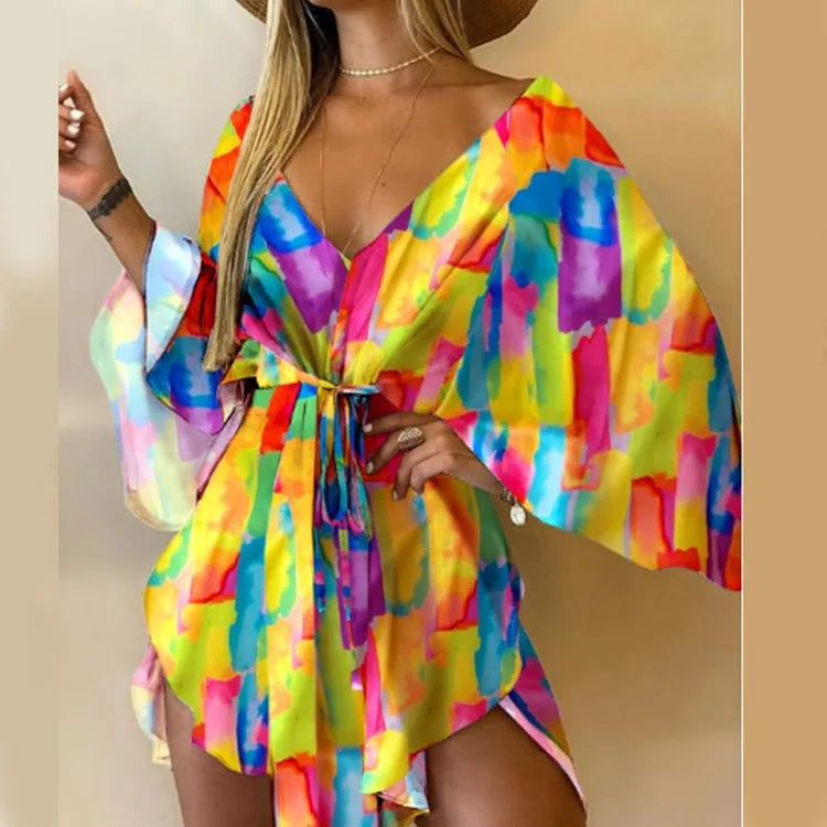 Print Dress Sexy V-Neck Bat Sleeve Ruffl Flowers Mini LADYLYS