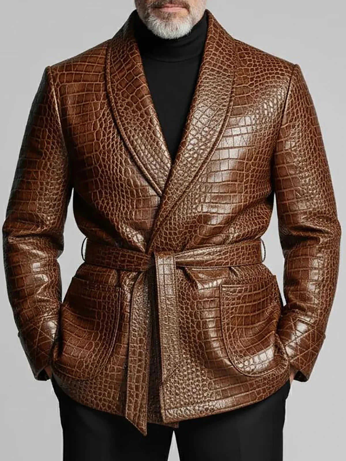 Men's Crocodile-Embossed PU Leather Blazer – Shawl Lapel, Belted, Slim Fit