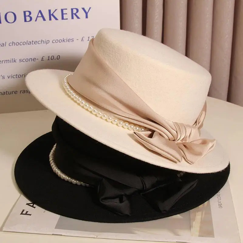 French Light Luxury Pearl Bow  Felt Flat Top Formal Hat Elegant LADYLYS