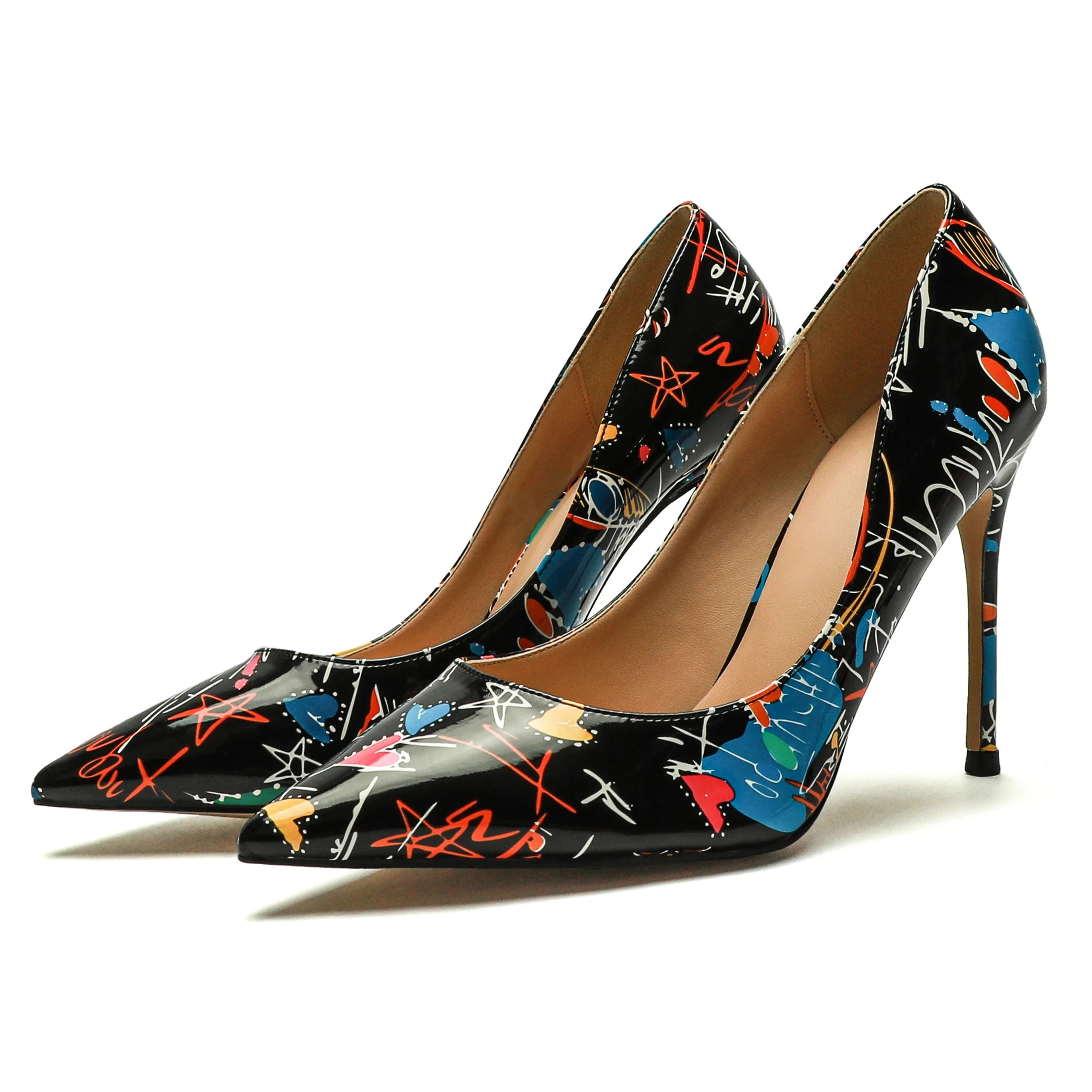 Luxury Stiletto Pumps – Pointed Toe, Extreme High Heel, Graffiti Print