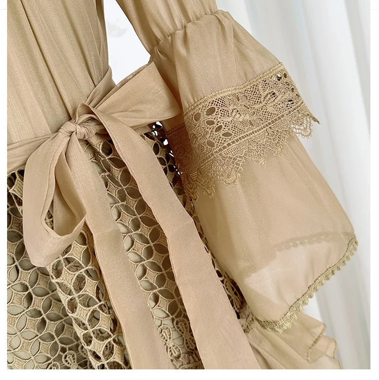 Lace Hollow-Out A-Line Dress – V-Neck, Flare Sleeves & Bandage Detail
