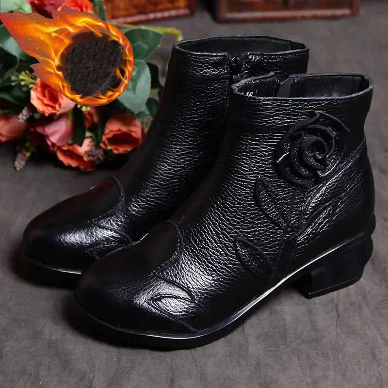 Women's Leather Ankle Boots with Low Heel and Zip