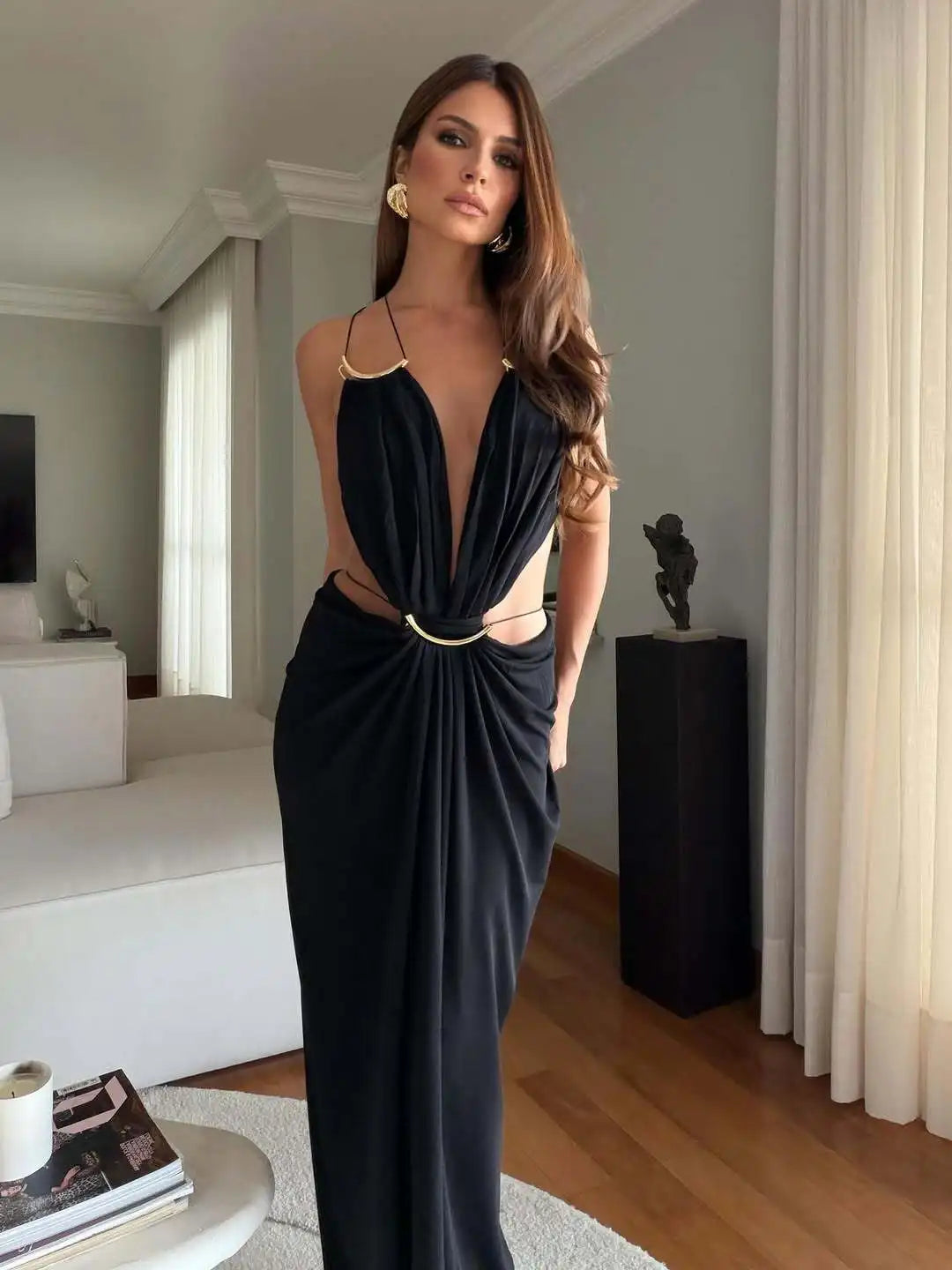 Deep V Cutout Ruched Maxi Gown – Spaghetti Strap Sleeveless Evening Dress
