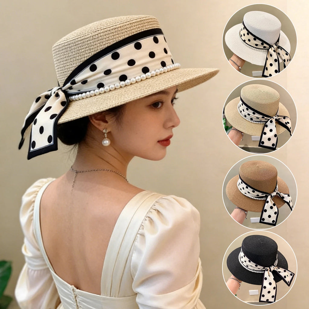 Women’s Wide Brim Straw Sun Hat – Pearl & Dot Ribbon Elegant Beach Cap