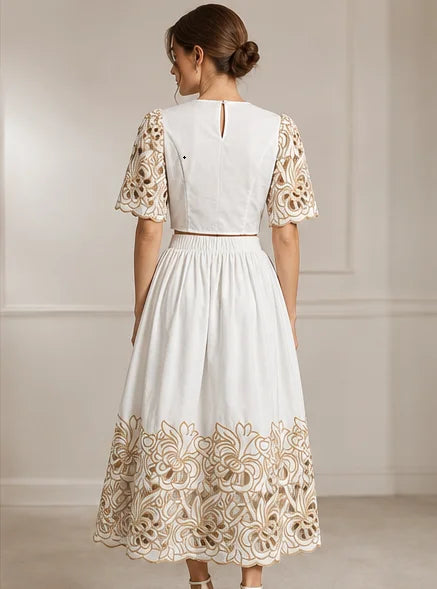 Embroidered Hollow-Out Top & Skirt Set – Elegant Color Block 2-Piece