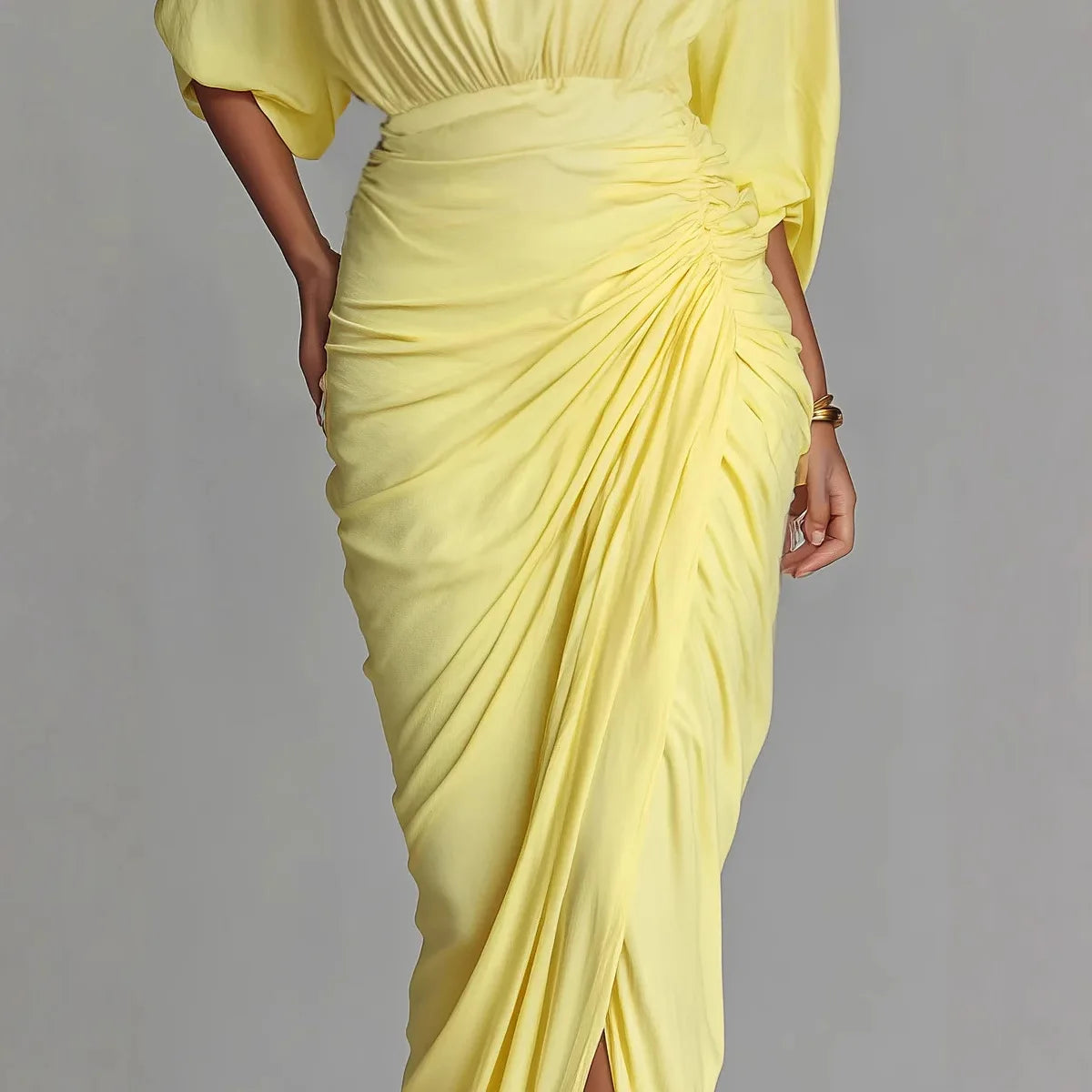 Evening Dress High Neck Fashion Yellow Pleated High Waist Slim Lantern Sleeve Elegant LADYLYS