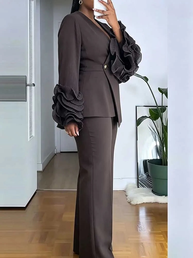 Women’s 2-Piece Blazer & Straight-Leg Pants Suit – Elegant Office Formal Set