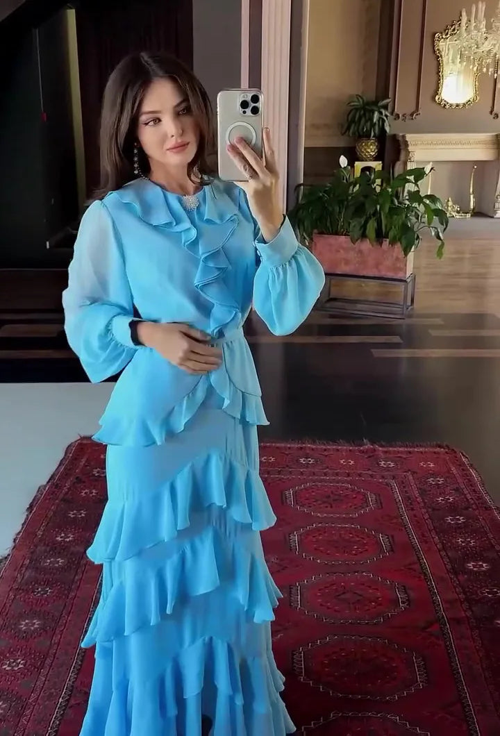 Women's Elegant Layered Ruffle Maxi Dress with Long Sleeves and Belt