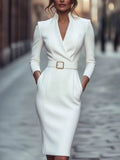 Women's Long Sleeve V-Neck Sheath Dress — High Waist Slim Fit | Elegant Office Dress with Pockets