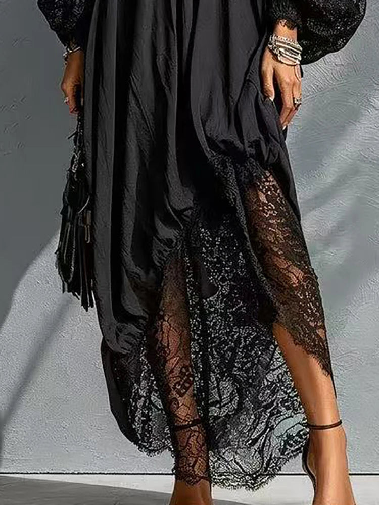 Women's Black Lace Maxi Dress with Mock Neck and Long Sleeves
