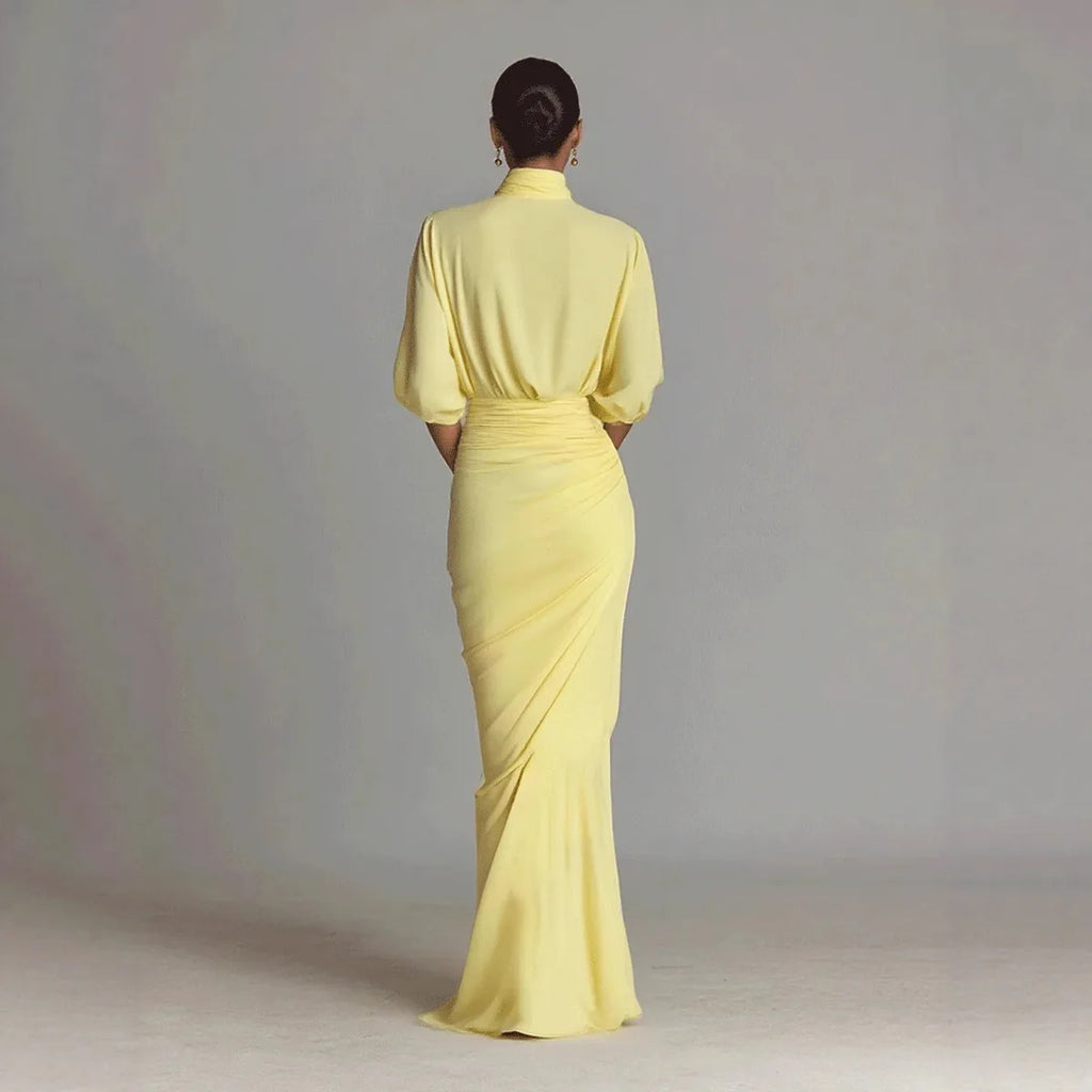 Evening Dress High Neck Fashion Yellow Pleated High Waist Slim Lantern Sleeve Elegant LADYLYS
