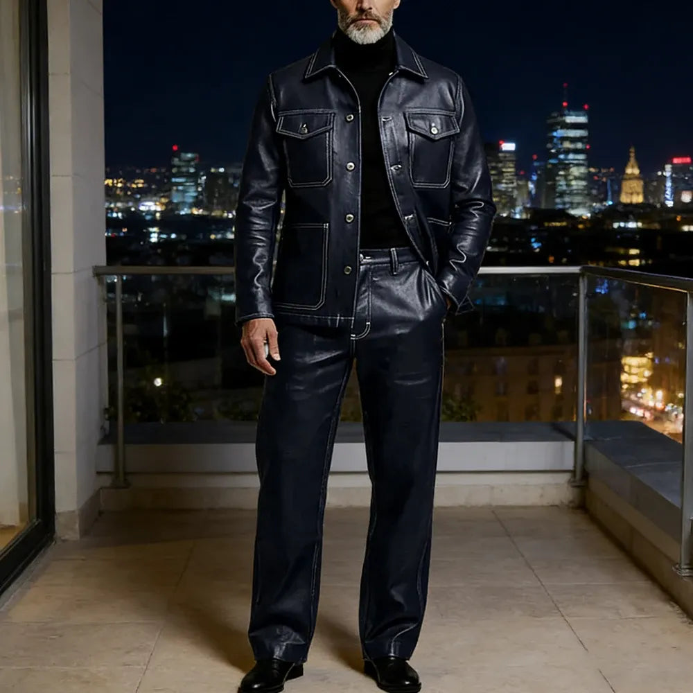 Men's Faux Leather Two-Piece Jacket & Trouser Set