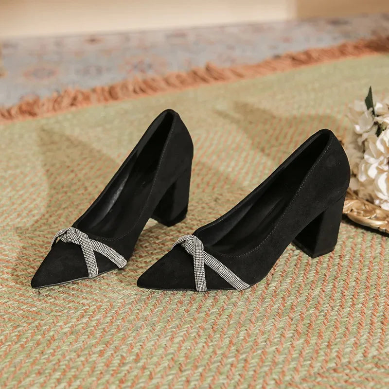 Chunky Heel Pointed Toe Rhinestone Suede High-heeled Shoes Women Block Heel Pumps LADYLYS