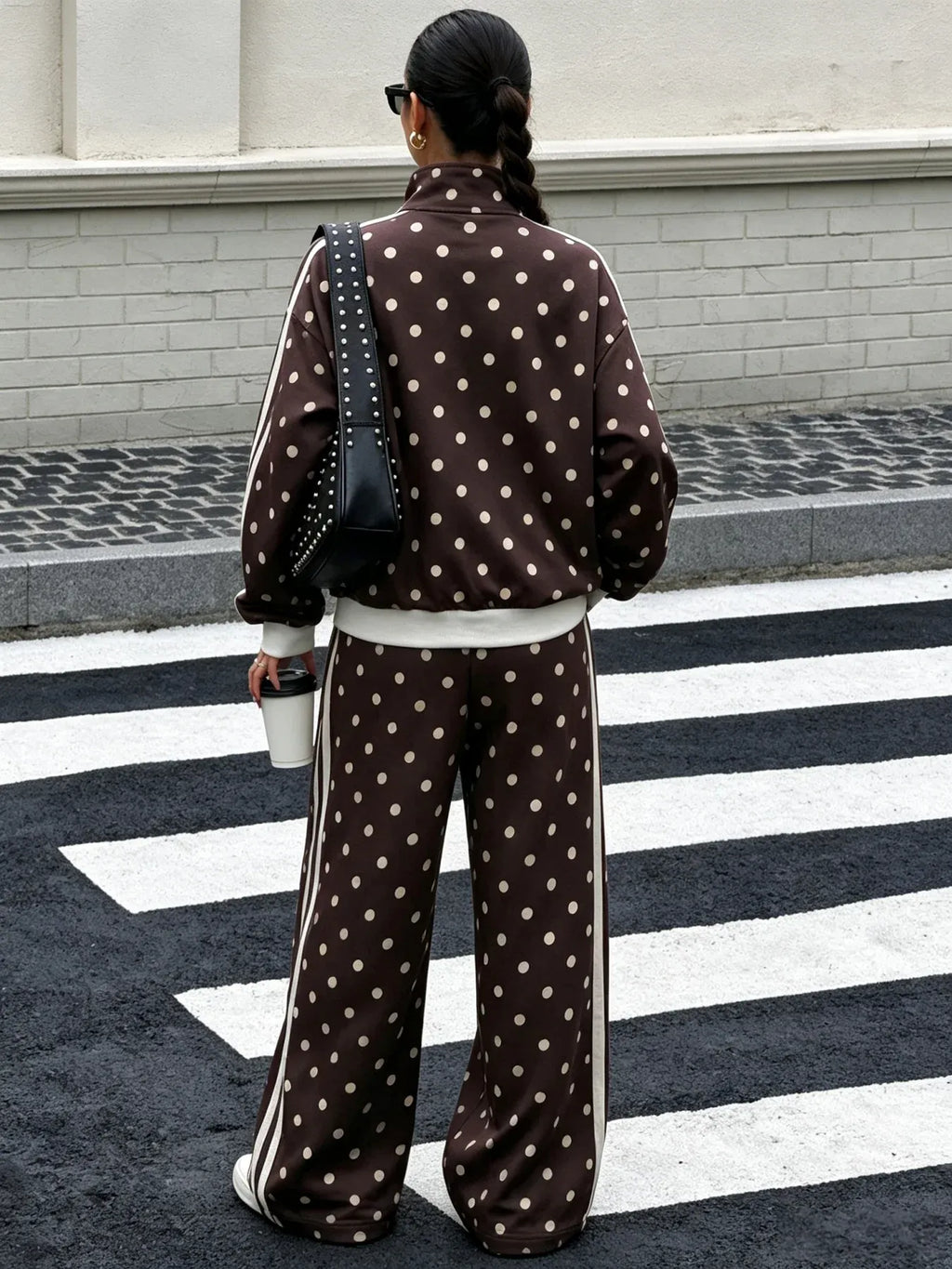 Women's Polka Dot Zip-Up Jacket & Wide-Leg Trousers Set