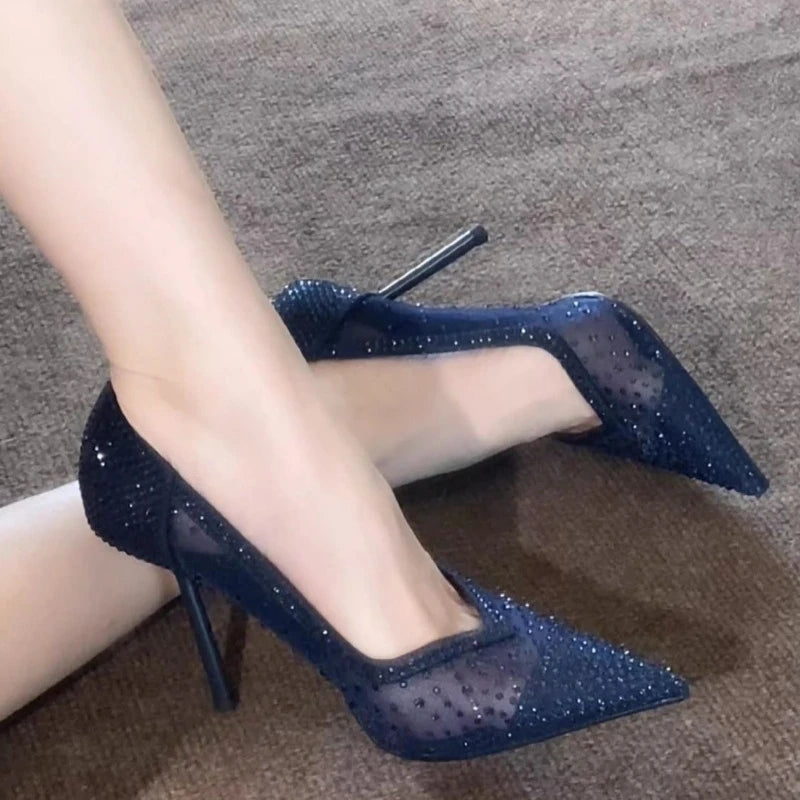 Women's Rhinestone Mesh Stiletto Pumps – Pointed Toe Slingback Heels