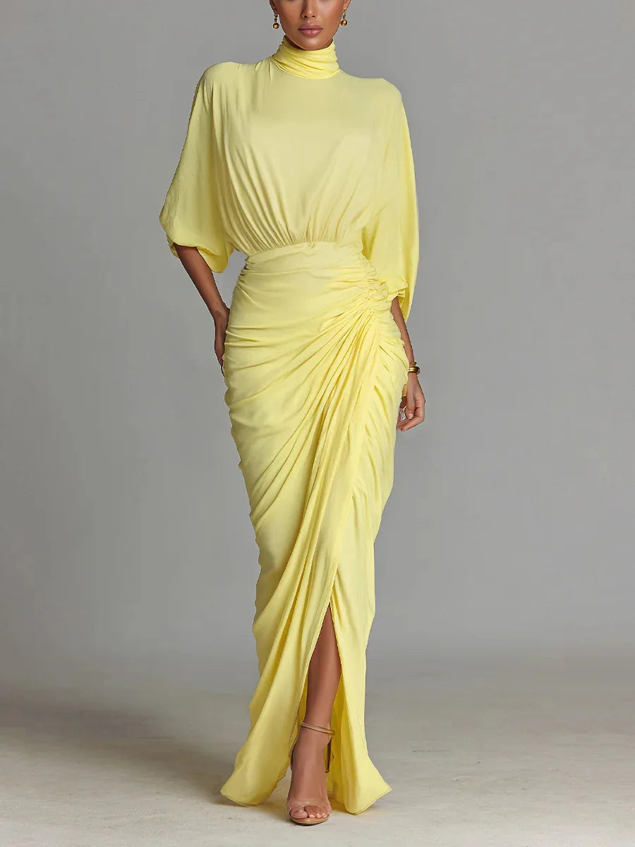 Evening Dress High Neck Fashion Yellow Pleated High Waist Slim Lantern Sleeve Elegant LADYLYS