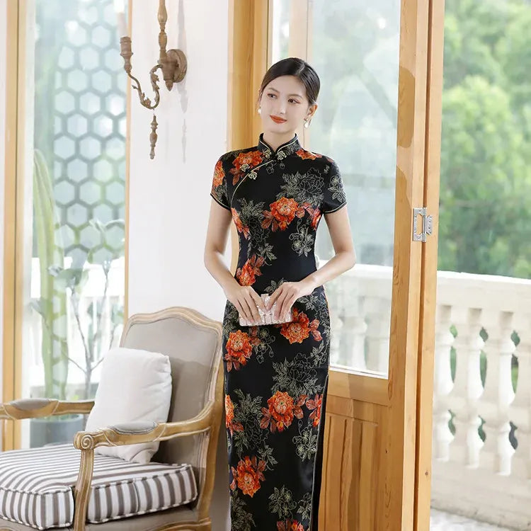 Printed Short-Sleeve Qipao-Inspired Midi Dress