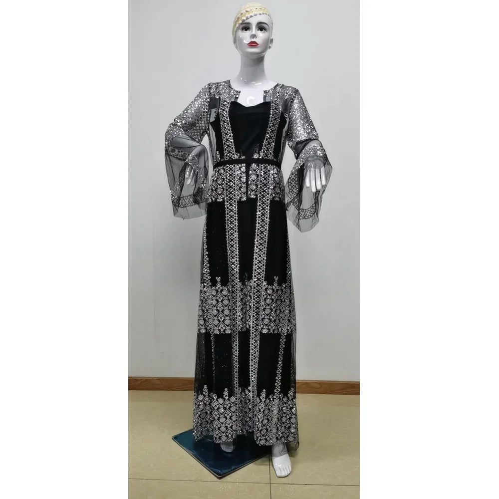 Sequined Maxi Dress with Belt, Large Swing Type, Loose Full Flare Sleeve, muslim Dress,  2 Pieces Set LADYLYS
