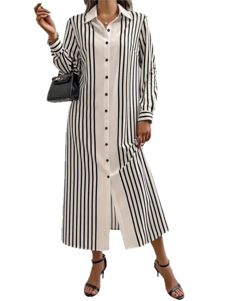 Striped Lapel Shirt Dress – Long Sleeve Button-Up Cardigan Style