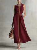 Retro Striped Splicing Cotton Linen Sleeveless Women's Dress Temperament LADYLYS