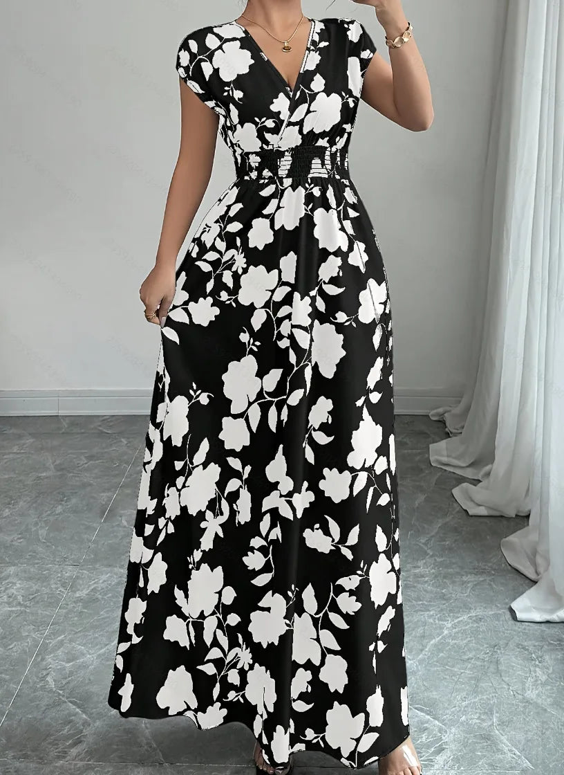 Printed V-Neck Short Sleeve Midi Dress – Lace-Up Waist Casual Summer Dress