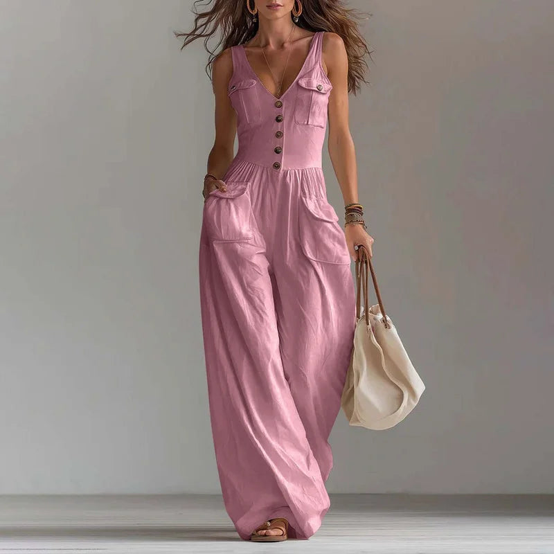 V-Neck Wide Leg Jumpsuit – Elegant Solid, High Waist, Full Length