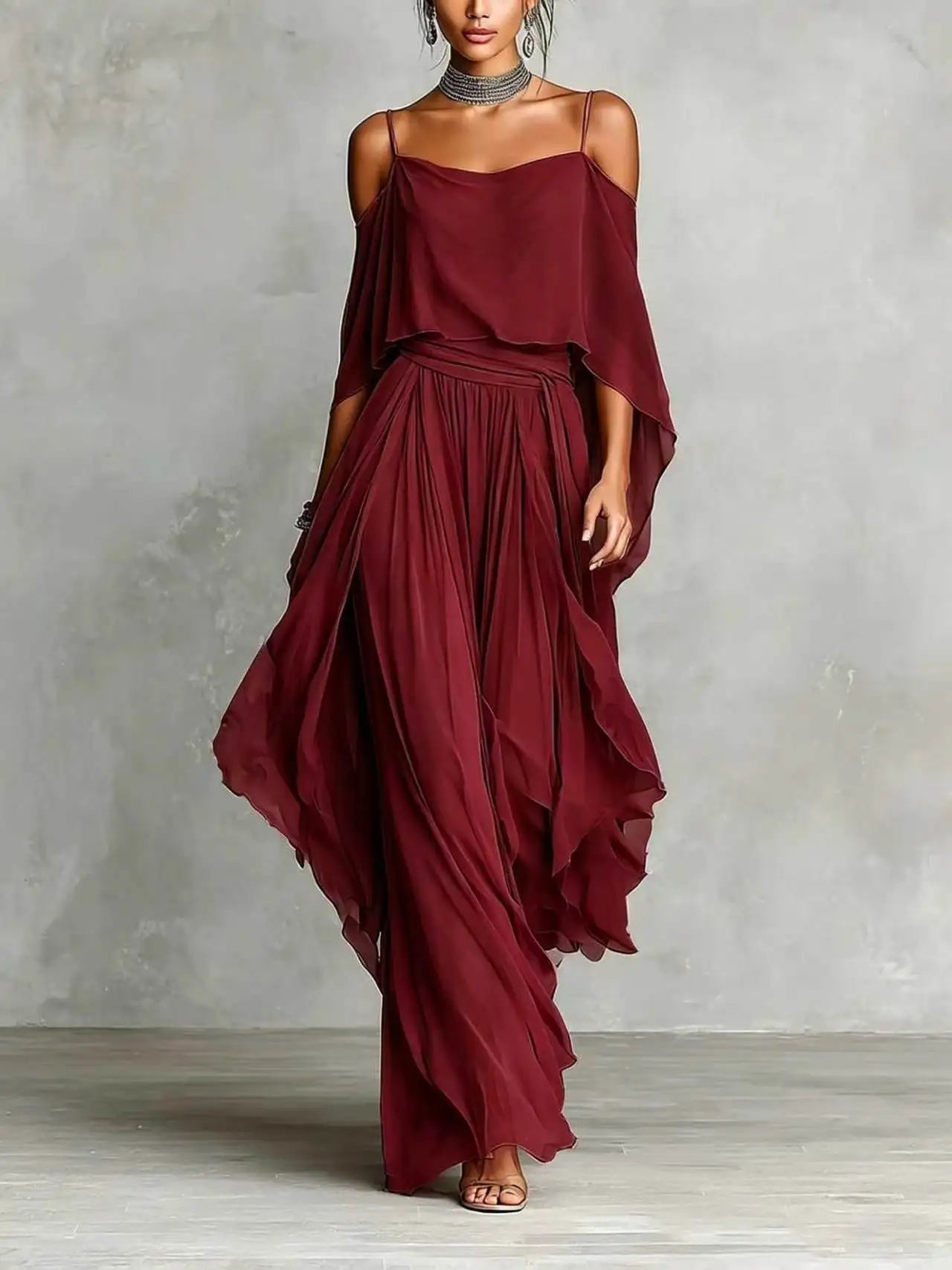 Summer Fashion Solid Chiffon Dress Elegant Off Shoulder Strap Bat Sleeve High Waist Long Dress Women Wedding Guest Outfits LADYLYS
