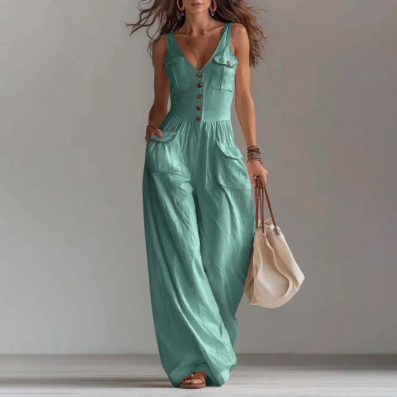 V-Neck Wide Leg Jumpsuit – Elegant Solid, High Waist, Full Length