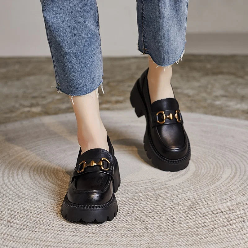 Women's Genuine Leather Loafer Pumps – Thick Square Heel Platform Slip-On with Metal Detail