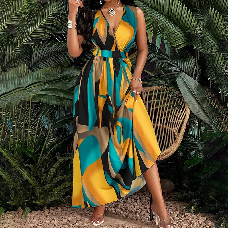 Temperament Printed Waist Cinching Dress, Summer V-neck Elegant LADYLYS