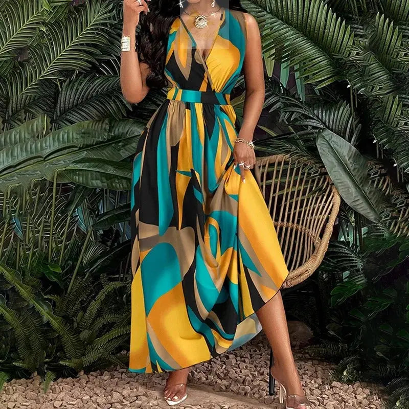 Temperament Printed Waist Cinching Dress, Summer V-neck Elegant LADYLYS