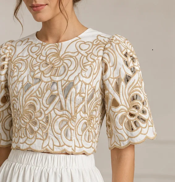 Embroidered Hollow-Out Top & Skirt Set – Elegant Color Block 2-Piece