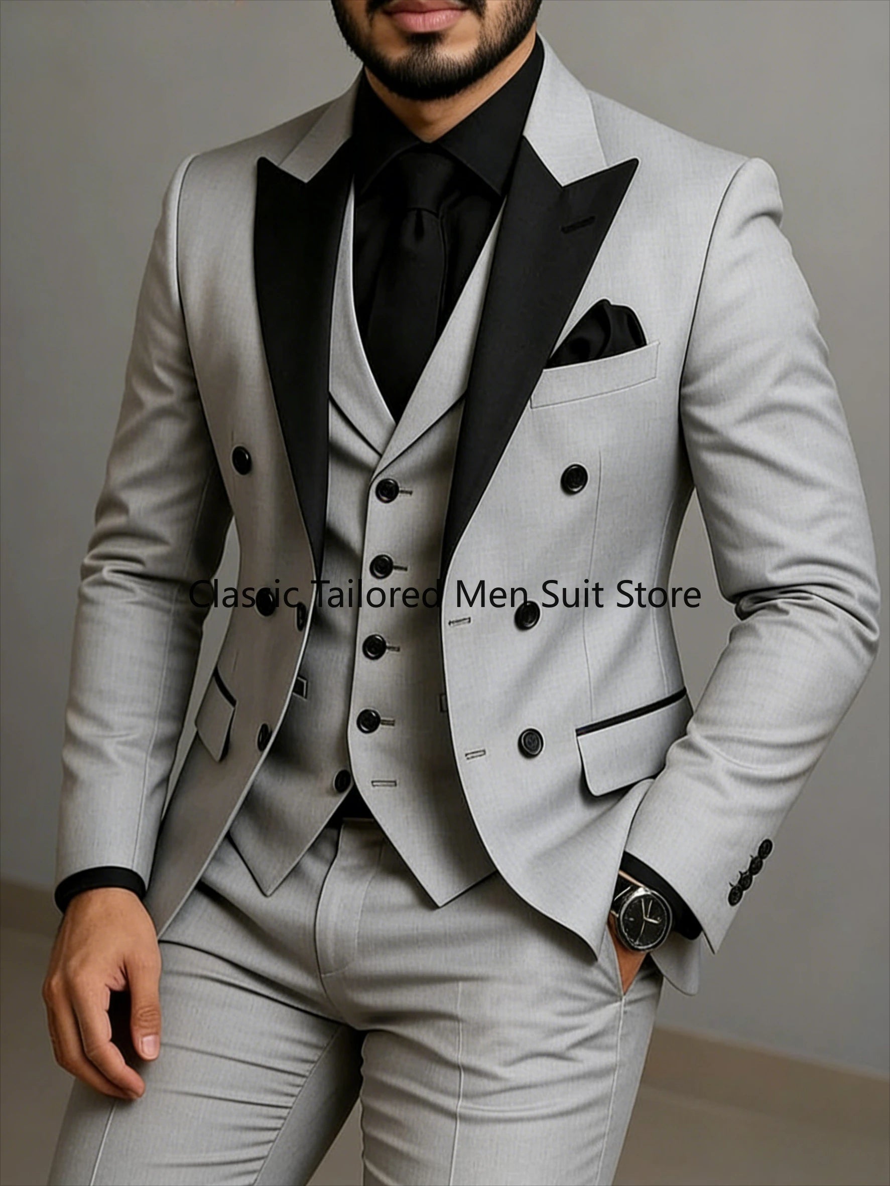 Beige Double Breasted Black Lapel  Slim Fit Wedding Suit LADYLYS