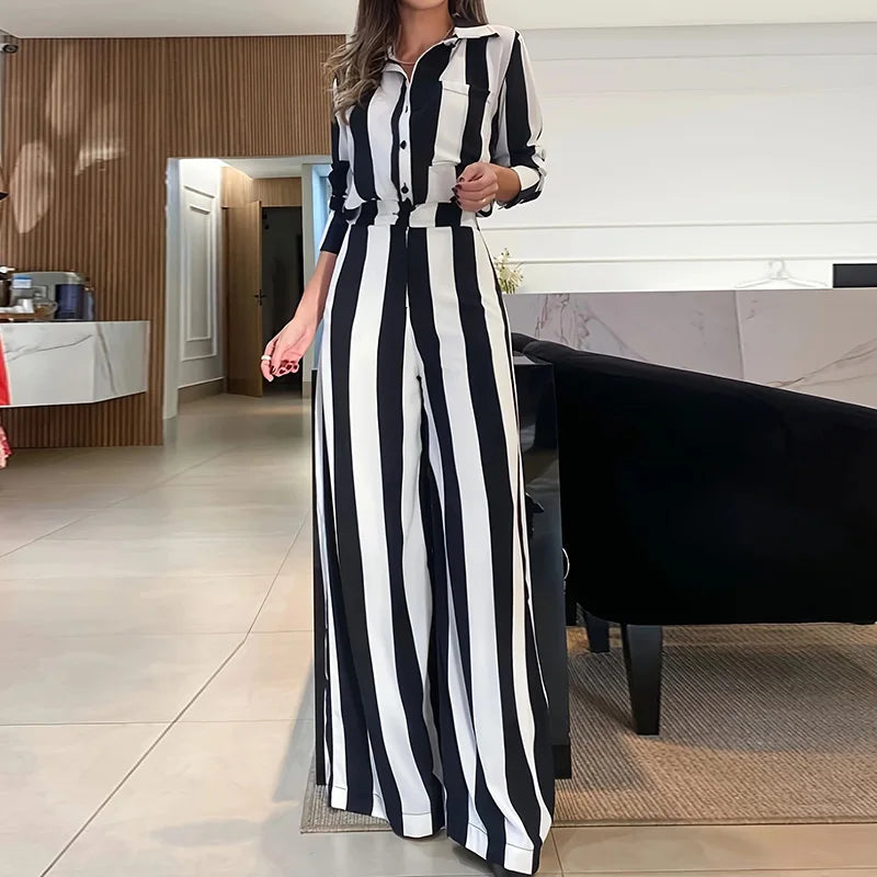 Women's Striped Wide Leg Pants Suit – Matching 2-Piece Set, Elegant Office Wear