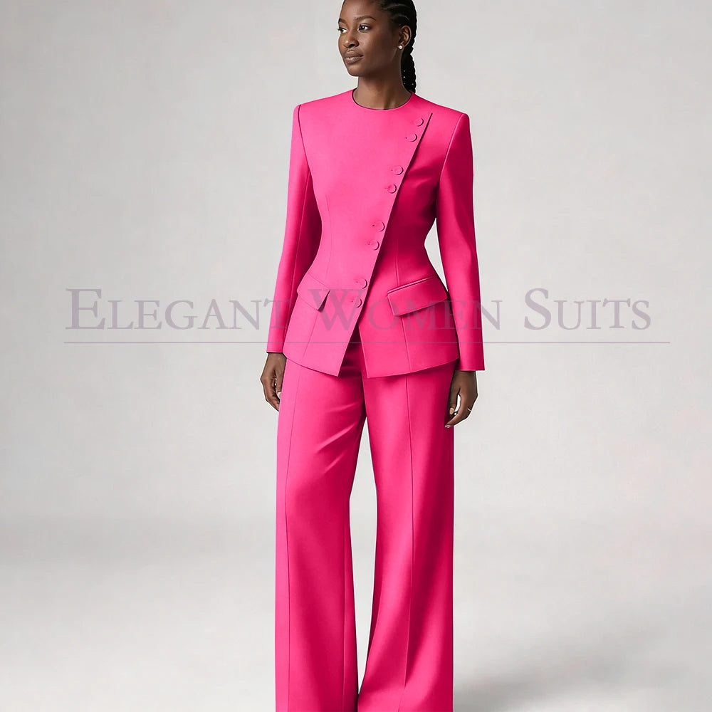 Single Breasted Women's Suits Blazer Luxury O-neck Regular Length 2 Piece LADYLYS