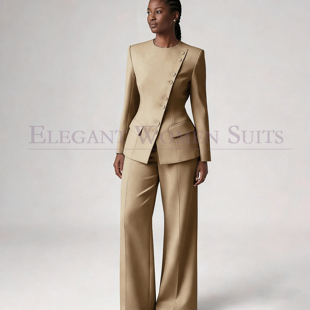 Single Breasted Women's Suits Blazer Luxury O-neck Regular Length 2 Piece LADYLYS