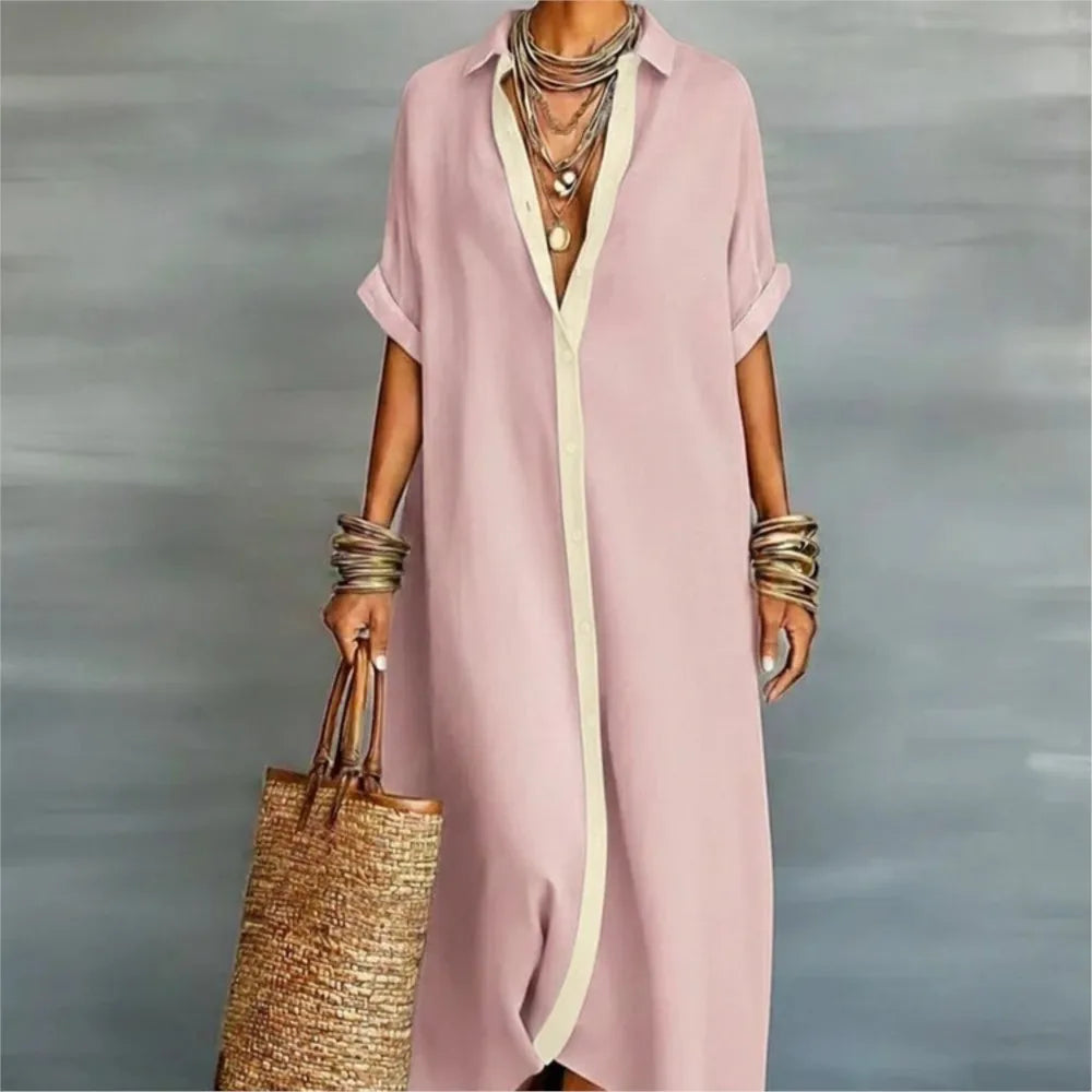 Patchwork Button Shirt Midi Dress – Short Sleeve Loose Beach Vacation Dress