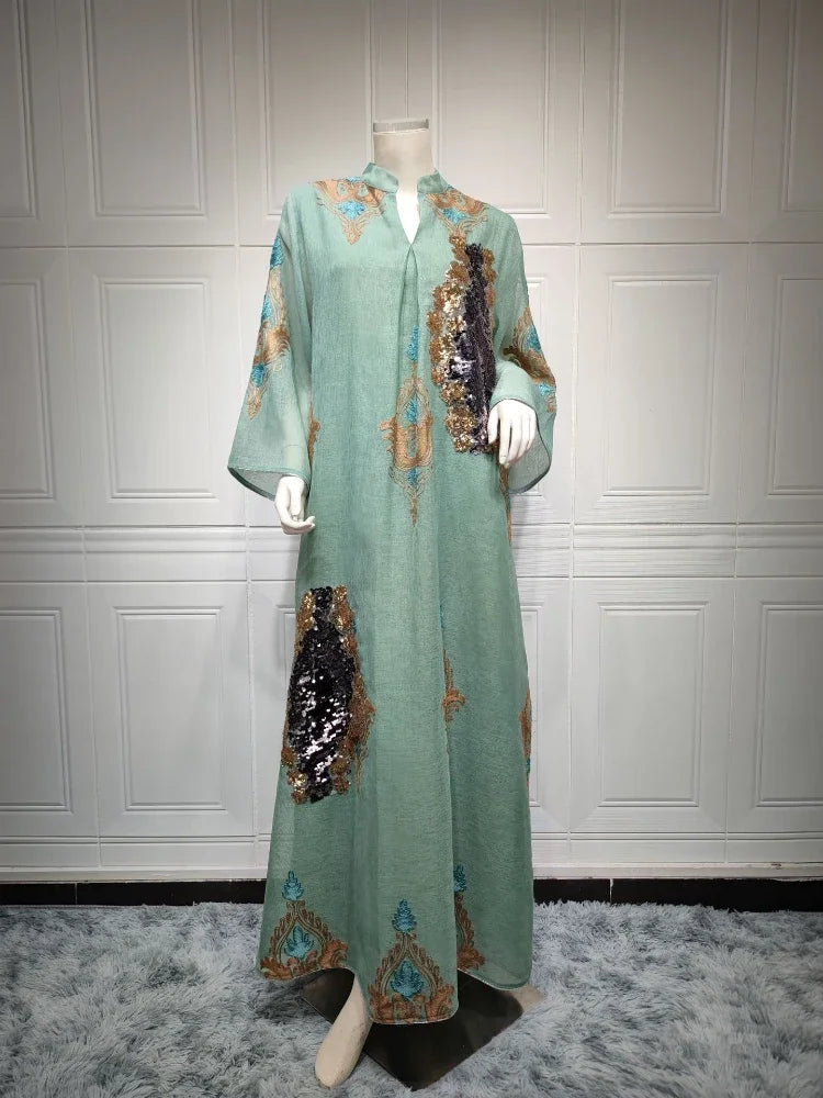 Morocco Dress for Women Muslim Abaya India Stand Collar Abayas Enbroidery Sequins LADYLYS