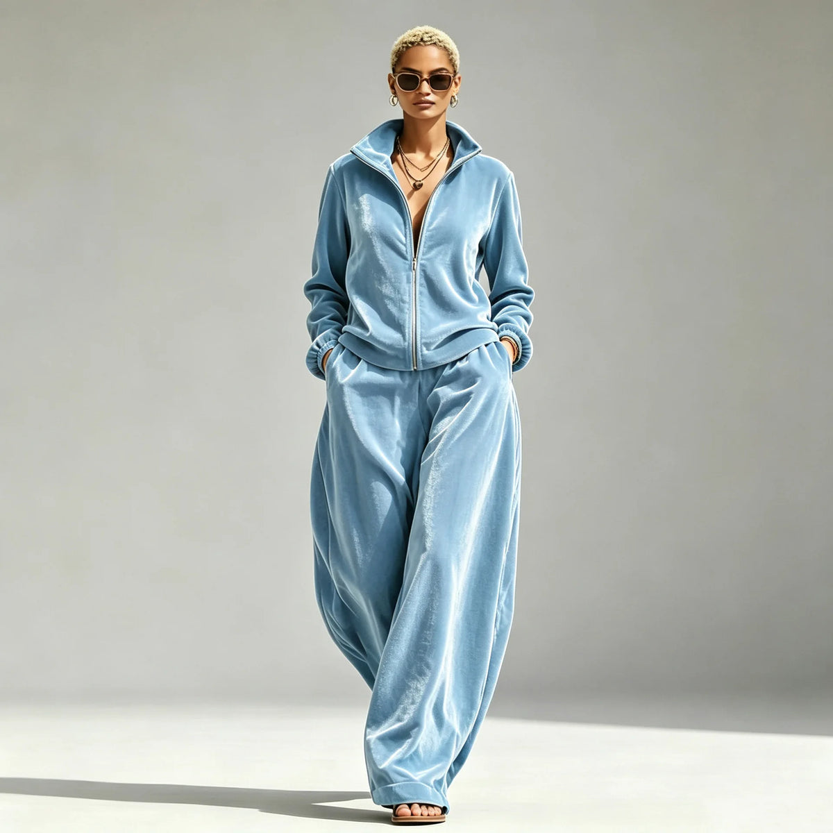 Women's Velvet Two-Piece Set with Wide-Leg Pants