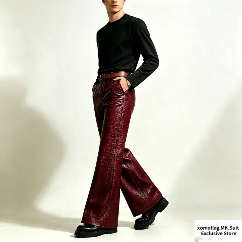 Men’s Crocodile-Effect Faux Leather Flare Pants