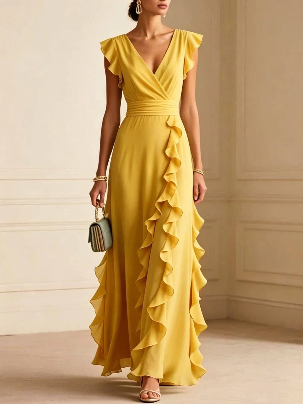 Women's Elegant Ruffle Sleeveless V-Neck Maxi Dress – Bohemian Party & Evening Gown