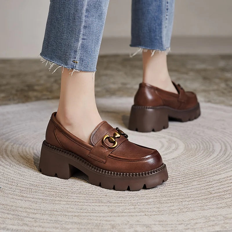 Women's Genuine Leather Loafer Pumps – Thick Square Heel Platform Slip-On with Metal Detail