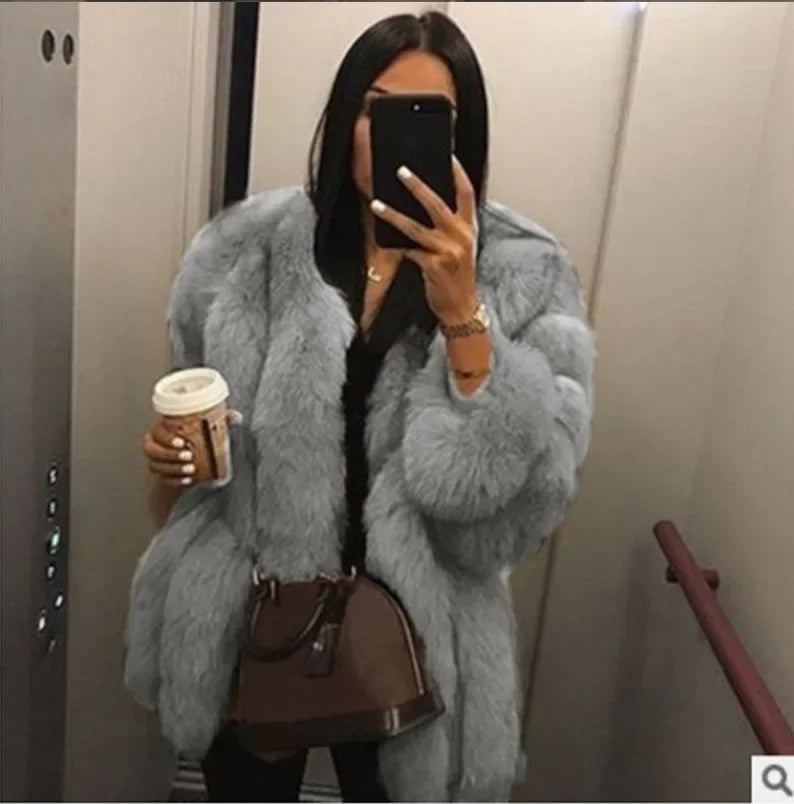 Women's Short Faux Fur Jacket with Puff Sleeves