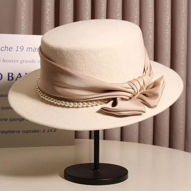 French Light Luxury Pearl Bow  Felt Flat Top Formal Hat Elegant LADYLYS