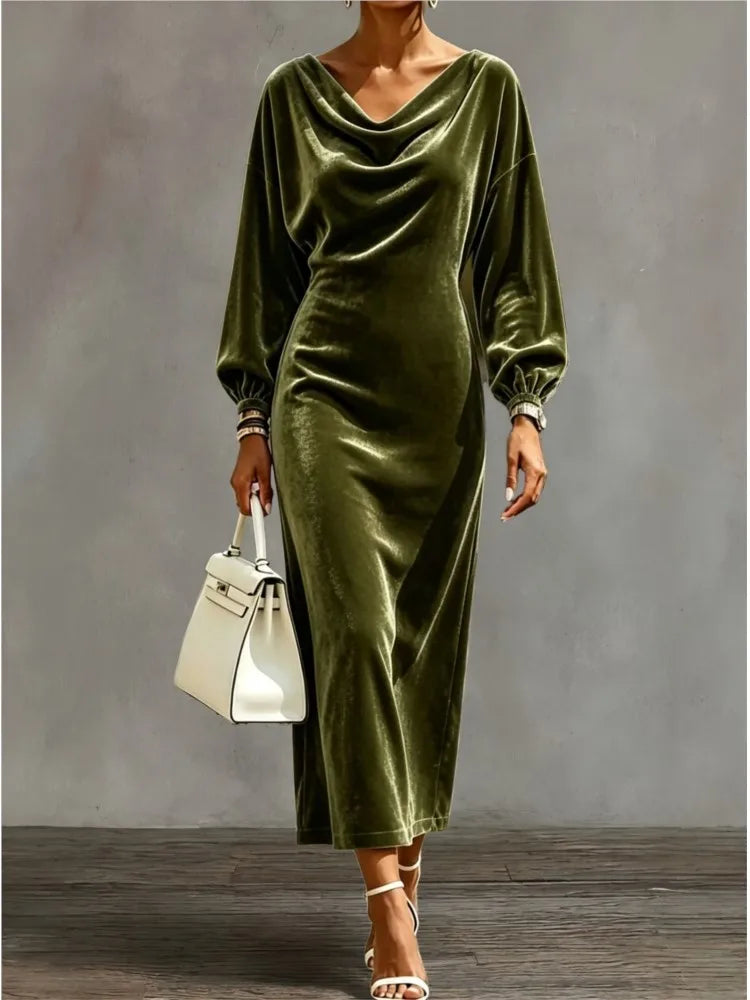 Women's Elegant Cowl Neck A-Line Dress with Lantern Sleeves